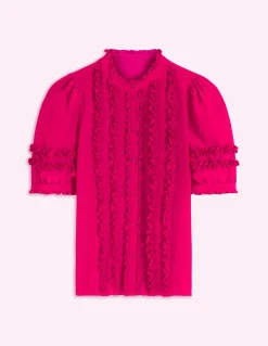 Boden Chemises & Blouses|Tops & T-Shirts-Top en soie à manches courtes et volants Rose éclatant