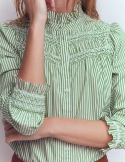 Boden Chemises & Blouses|Tops & T-Shirts-Top Esme à smocks et volants Vert des Highlands, rayé ivoire