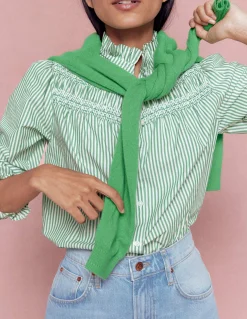Boden Chemises & Blouses|Tops & T-Shirts-Top Esme à smocks et volants Vert des Highlands, rayé ivoire