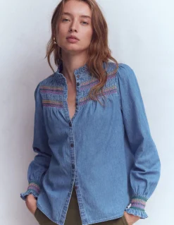 Boden Chemises & Blouses|Tops & T-Shirts-Top Esme en jean à smocks et volants Authentique clair