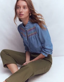 Boden Chemises & Blouses|Tops & T-Shirts-Top Esme en jean à smocks et volants Authentique clair