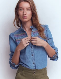Boden Chemises & Blouses|Tops & T-Shirts-Top Esme en jean à smocks et volants Authentique clair