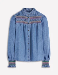 Boden Chemises & Blouses|Tops & T-Shirts-Top Esme en jean à smocks et volants Authentique clair