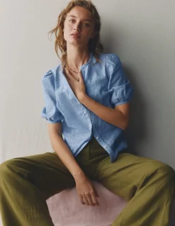 Boden Chemises & Blouses|Tops & T-Shirts-Top manches courtes Leah en lin Chambray Bleu