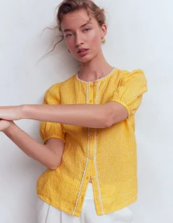 Boden Chemises & Blouses|Tops & T-Shirts-Top manches courtes Leah en lin Vichy jaune soleil