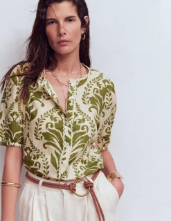 Boden Chemises & Blouses|Tops & T-Shirts-Top manches courtes Leah en lin Motif floral ivoire et vert