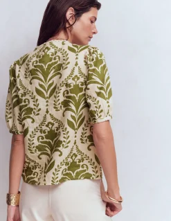 Boden Chemises & Blouses|Tops & T-Shirts-Top manches courtes Leah en lin Motif floral ivoire et vert