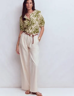 Boden Chemises & Blouses|Tops & T-Shirts-Top manches courtes Leah en lin Motif floral ivoire et vert