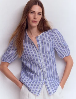 Boden Chemises & Blouses|Tops & T-Shirts-Top manches courtes Leah en lin Rayé bleu connecté
