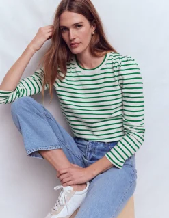 Boden Tops & T-Shirts-Top rayé à manches plissées Rayé vert joyau et ivoire