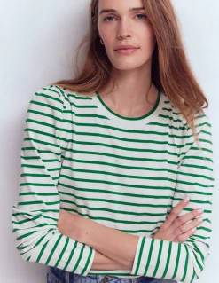 Boden Tops & T-Shirts-Top rayé à manches plissées Rayé vert joyau et ivoire
