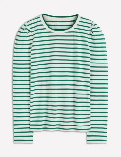 Boden Tops & T-Shirts-Top rayé à manches plissées Rayé vert joyau et ivoire