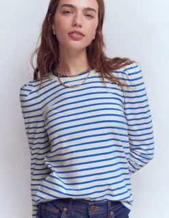 Boden Tops & T-Shirts-Top rayé à manches plissées Rayé Beaucoup blue et ivoire