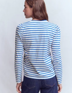 Boden Tops & T-Shirts-Top rayé à manches plissées Rayé Beaucoup blue et ivoire