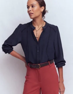 Boden Chemises & Blouses|Tops & T-Shirts-Top Rhéa en soie à détails Bleu jean, motif Blossomy Sprig