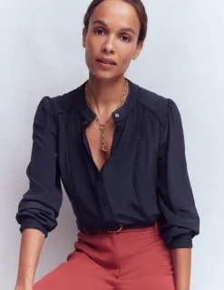 Boden Chemises & Blouses|Tops & T-Shirts-Top Rhéa en soie à détails Bleu jean, motif Blossomy Sprig