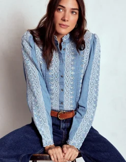 Boden Chemises & Blouses|Tops & T-Shirts-Top Savannah à broderie anglaise Bleu chambray