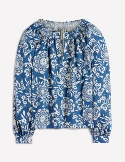 Boden Chemises & Blouses|Tops & T-Shirts-Top Serena à col plissé Bleu, motif Decorative Blossom