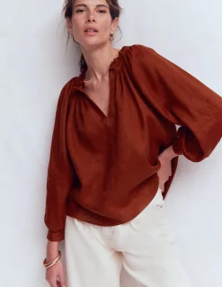 Boden Chemises & Blouses|Tops & T-Shirts-Top Serena en lin à col plissé Henné brûlé