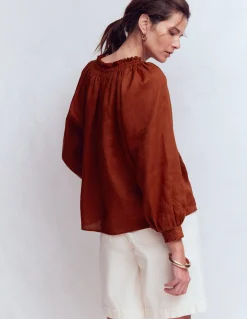 Boden Chemises & Blouses|Tops & T-Shirts-Top Serena en lin à col plissé Henné brûlé