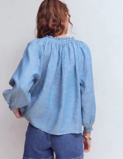 Boden Chemises & Blouses|Tops & T-Shirts-Top Serena en lin à col plissé Bleu chambray
