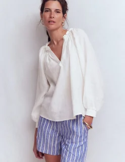 Boden Chemises & Blouses|Tops & T-Shirts-Top Serena en lin à col plissé Blanc