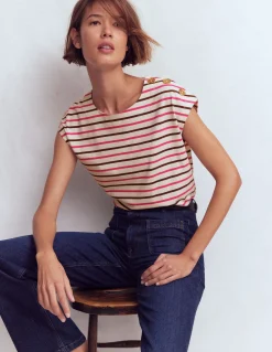Boden Tops & T-Shirts-T-shirt à boutons Rayé pivoine rose, terre dʼombre