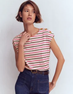Boden Tops & T-Shirts-T-shirt à boutons Rayé pivoine rose, terre dʼombre
