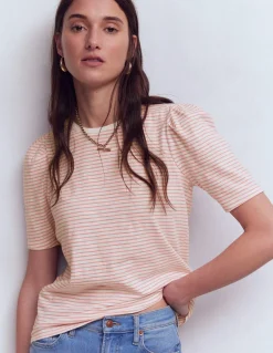 Boden Tops & T-Shirts-T-shirt à manches plissées Rayé rose formica et ivoire