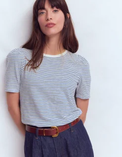 Boden Tops & T-Shirts-T-shirt à manches plissées Rayé Beaucoup blue et ivoire