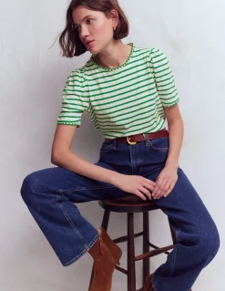 Boden Tops & T-Shirts-T-shirt Ali festonné Rayé ivoire et amazonien