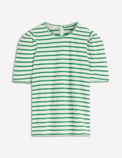 Boden Tops & T-Shirts-T-shirt Ali festonné Rayé ivoire et amazonien