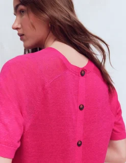 Boden Pulls & Gilets-T-shirt boutonné Agnes en lin Rose pivoine