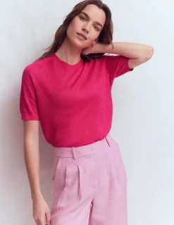 Boden Pulls & Gilets-T-shirt boutonné Agnes en lin Rose pivoine
