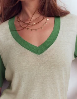 Boden Pulls & Gilets-T-shirt col en V Agnes en lin Ivoire/vert
