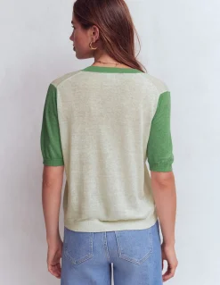 Boden Pulls & Gilets-T-shirt col en V Agnes en lin Ivoire/vert