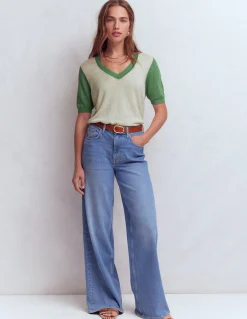 Boden Pulls & Gilets-T-shirt col en V Agnes en lin Ivoire/vert