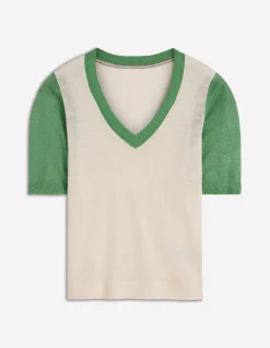 Boden Pulls & Gilets-T-shirt col en V Agnes en lin Ivoire/vert