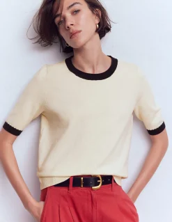 Boden Tenues De Travail|Pulls & Gilets-T-shirt col rond Emilia en coton Ivoire chaud, bleu marine