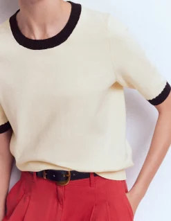 Boden Tenues De Travail|Pulls & Gilets-T-shirt col rond Emilia en coton Ivoire chaud, bleu marine