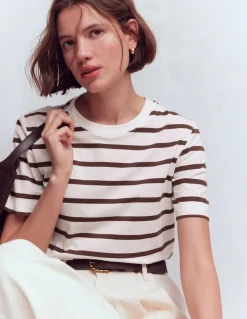 Boden Tops & T-Shirts-T-shirt décontracté en coton Rayé marron et ivoire