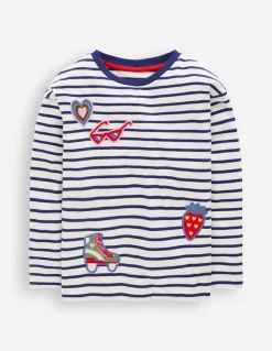 Boden Tops & T-Shirts-T-shirt décontracté fun Écussons rayé bleu marine