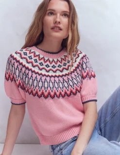 Boden Pulls & Gilets-T-shirt Margot à manches bouffantes Motif jacquard rose amande