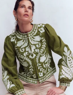 Boden Manteaux & Vestes-Veste brodée en lin Vert des bois