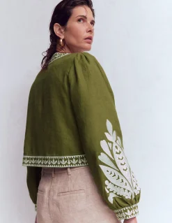 Boden Manteaux & Vestes-Veste brodée en lin Vert des bois