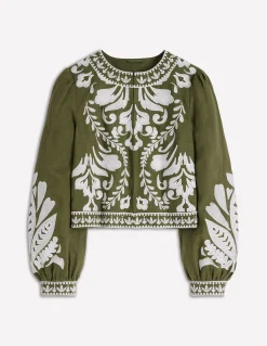 Boden Manteaux & Vestes-Veste brodée en lin Vert des bois