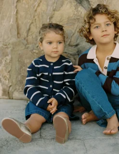 Boden Pulls & Gilets|Ensembles Assortis-Veste col rond en maille Rayé bleu marine universitaire/ivoire doux